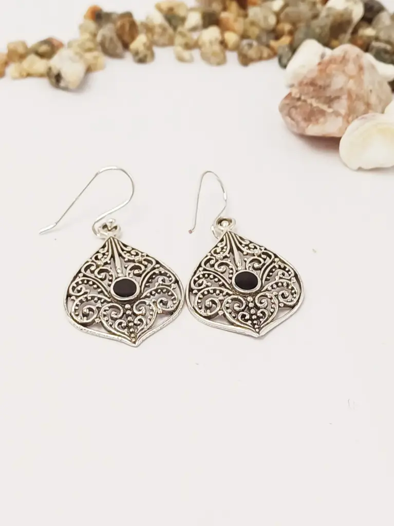 Aros florecido Plata  y ónix 