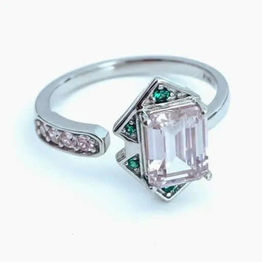 [N000099] Anillo  circón rosa rectangular