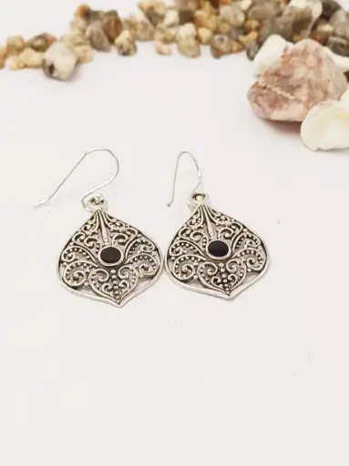 [N000203] Aros florecido Plata  y ónix 